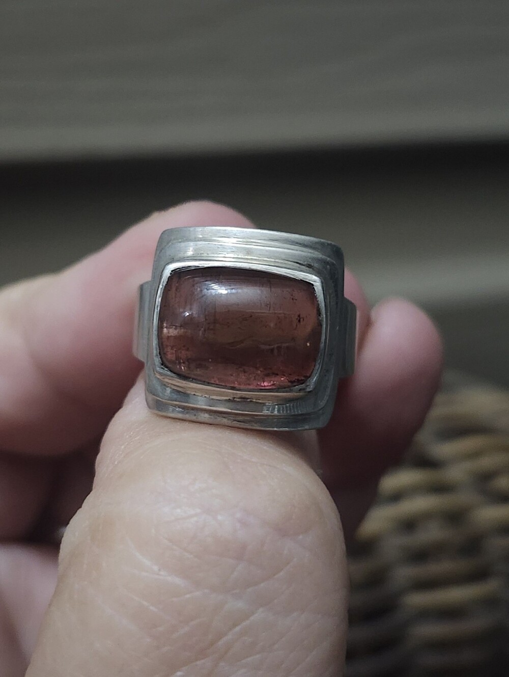 Vintage NEPAL PTI 925 Sterling Silver Pink Tourmaline Modernist Ring Size 7.75